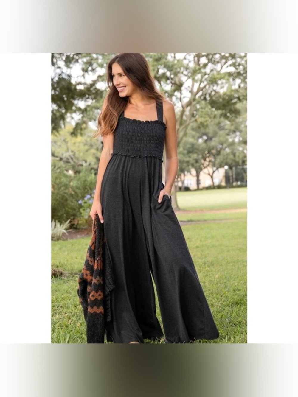 Natural Life Harper Knit Jumpsuit Charcoal Gray Wide Leg Boho Hippie Flowy NWT